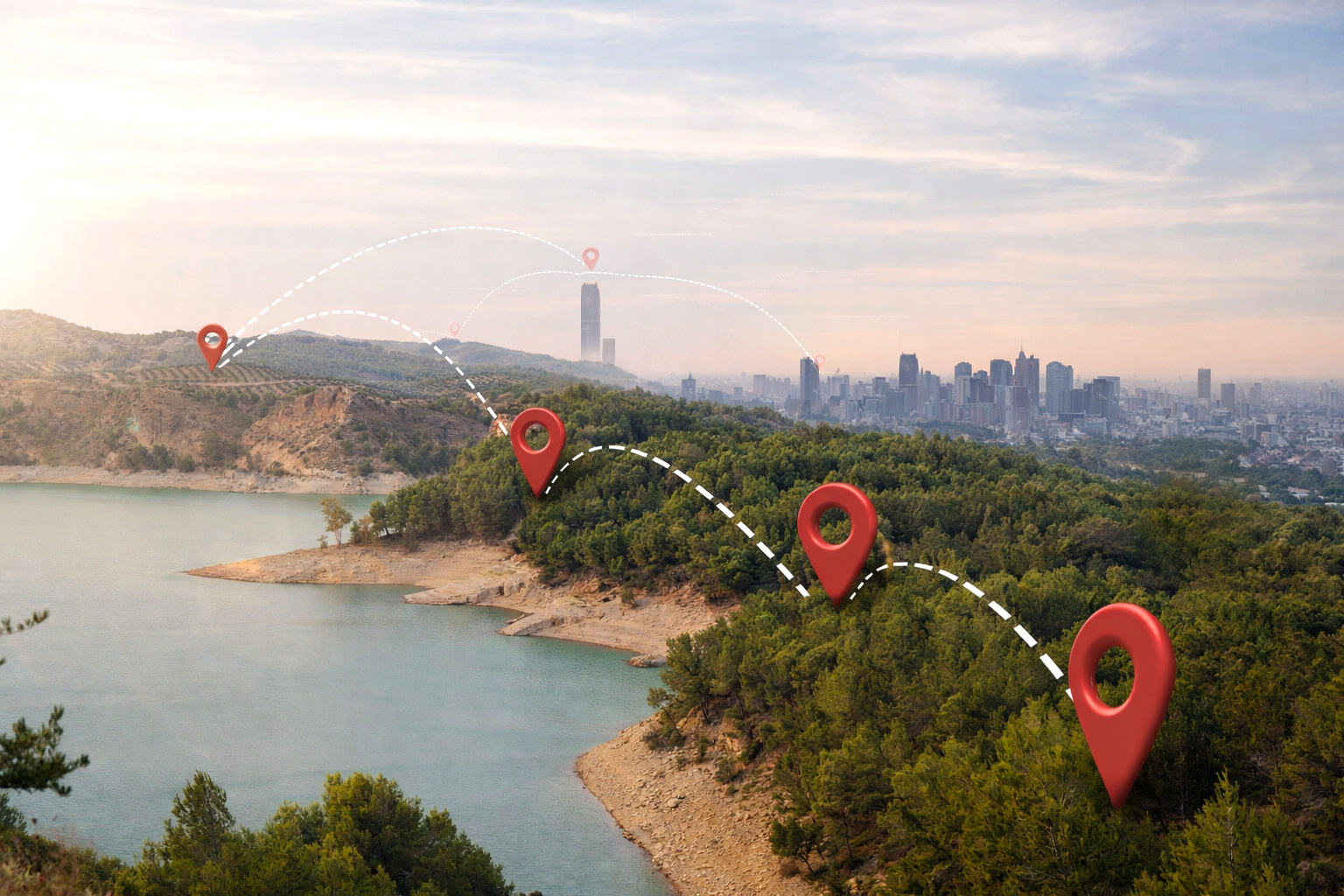 Landscape with location pins connecting forest, lake and city